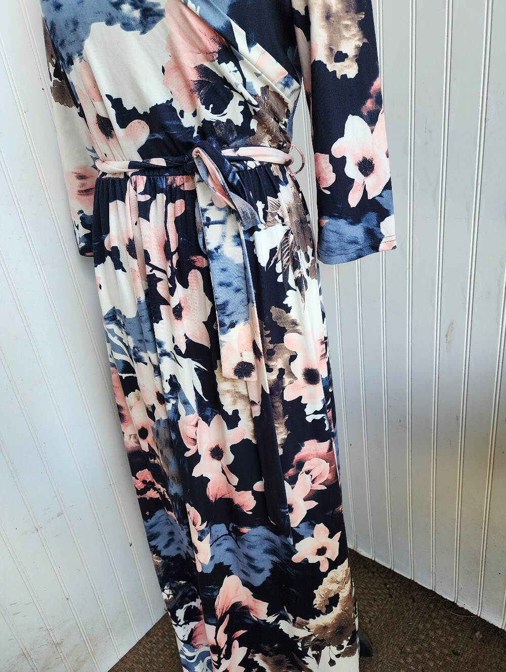 Zattcas Women's 3/4 Sleeve Floral Faux Wrap Maxi Dress w/ Belt Soft White Pink M - Picture 5 of 14